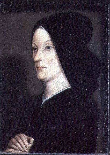 Het Matheron Diptiek: portret van Jeanne de Laval (gest. 1498) tweede vrouw van René I de Goede (1409-80) rechter paneel door Nicolas Froment
