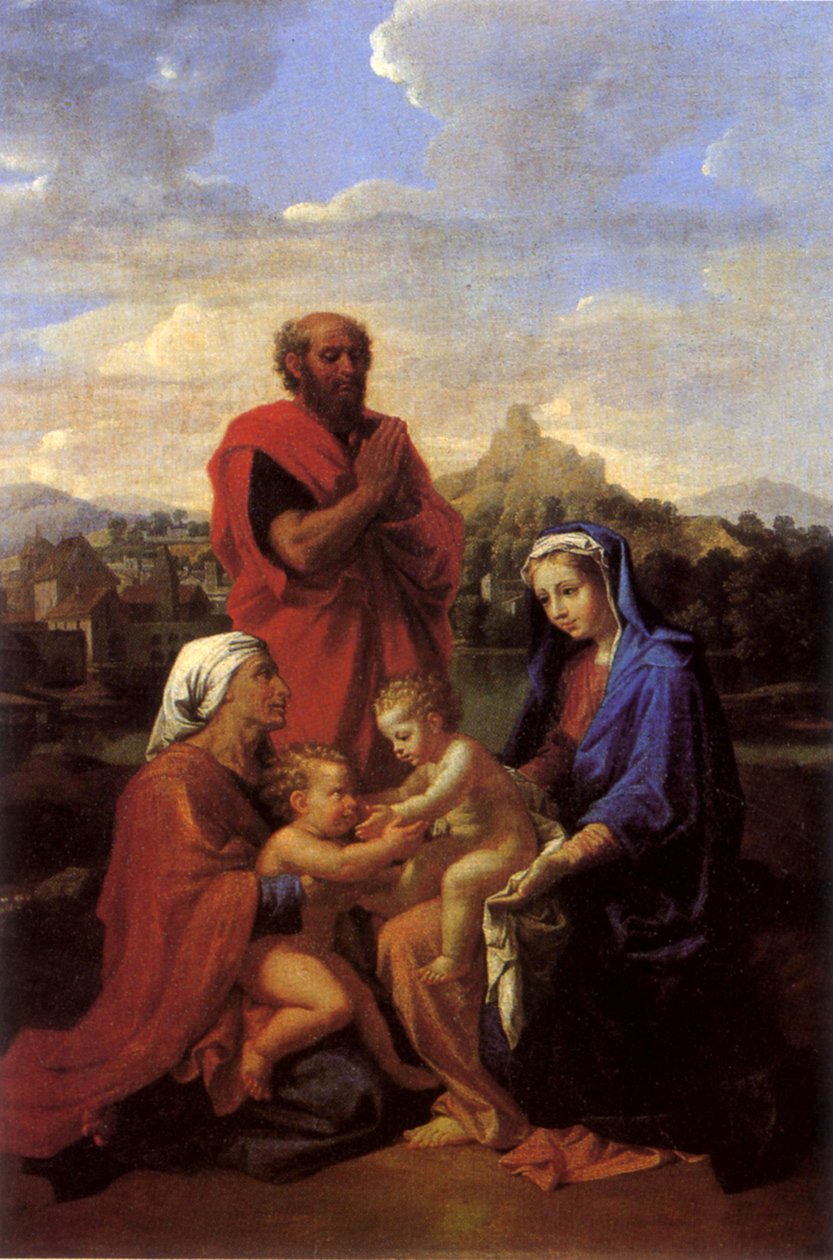 De Heilige Familie met Sint-Jan, Sint-Elisabeth en Sint-Jozef in gebed door Nicolas Poussin