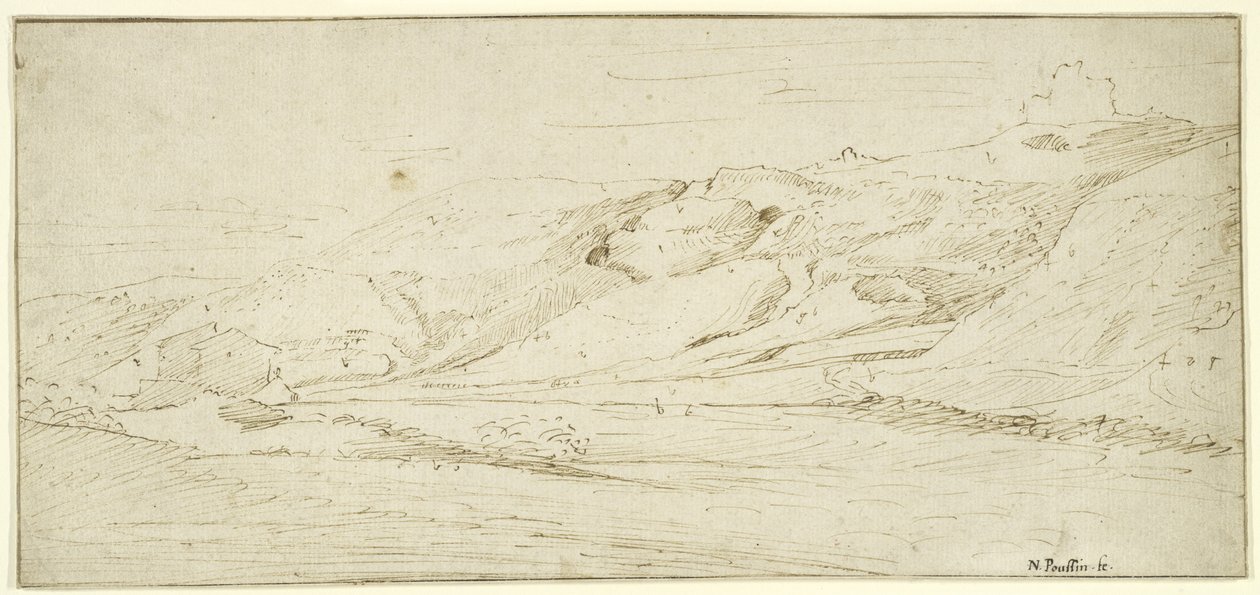 Bergachtig landschap met twee huizen door Nicolas Poussin