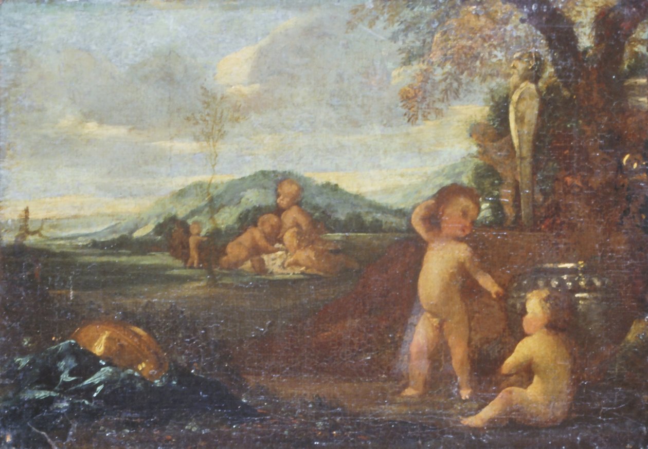 Putti in een landschap door Nicolas Poussin