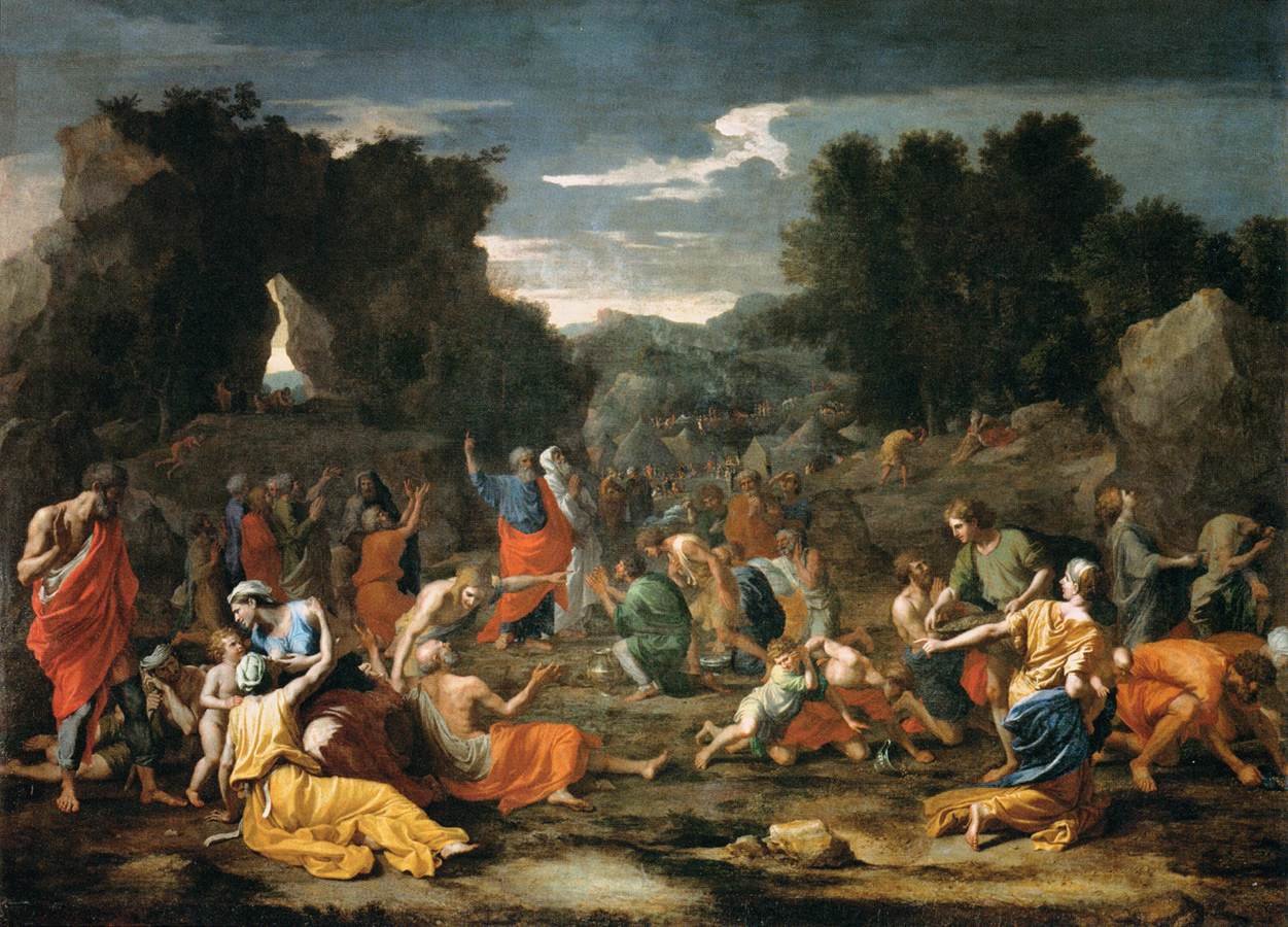 De Joden verzamelen het manna in de woestijn door Nicolas Poussin