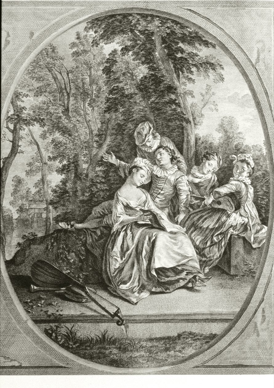 Muziekles (gravure) door Nicolas (after) Lancret