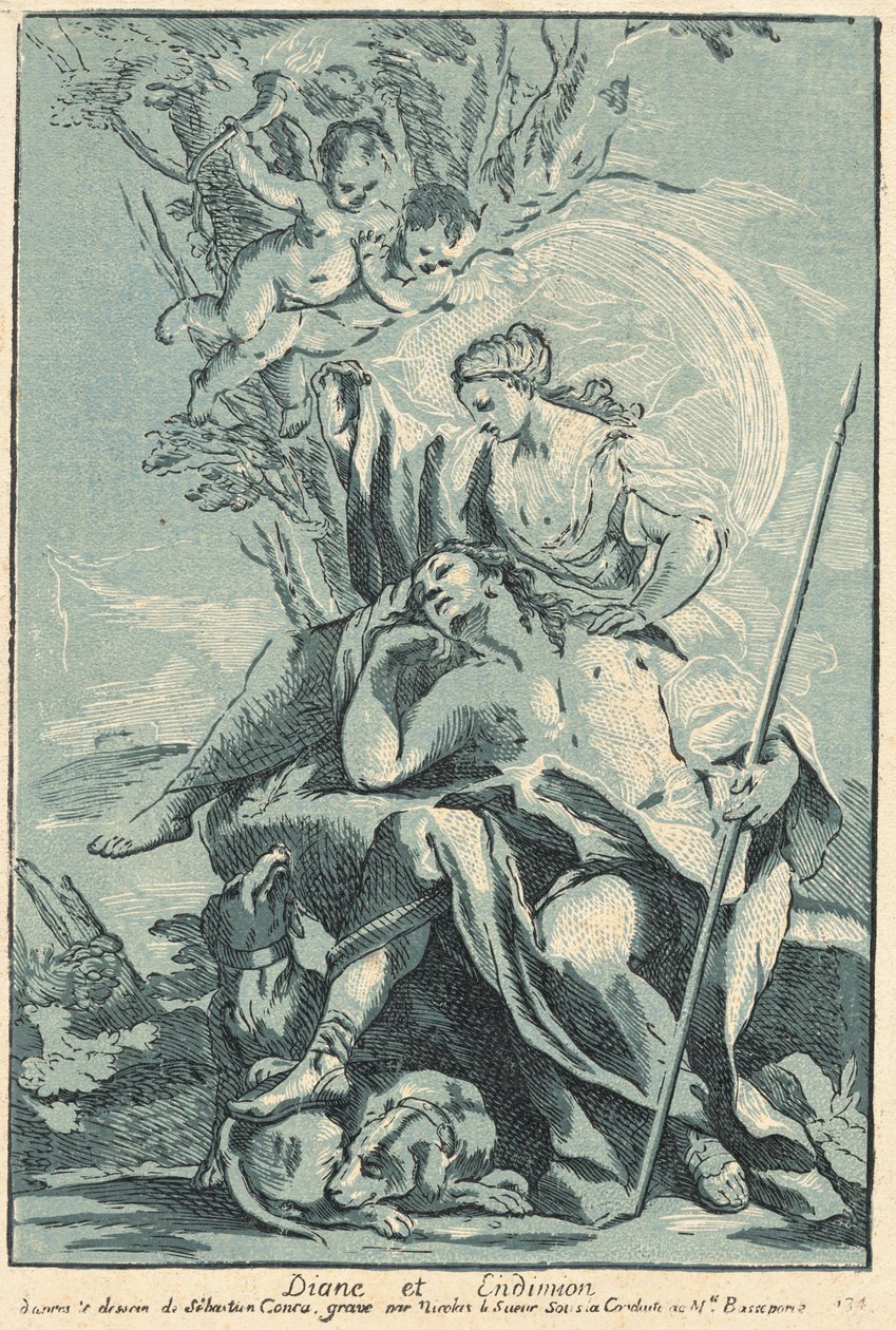 Diana en Endymion door Nicolas Le Sueur after Sebastiano Conca
