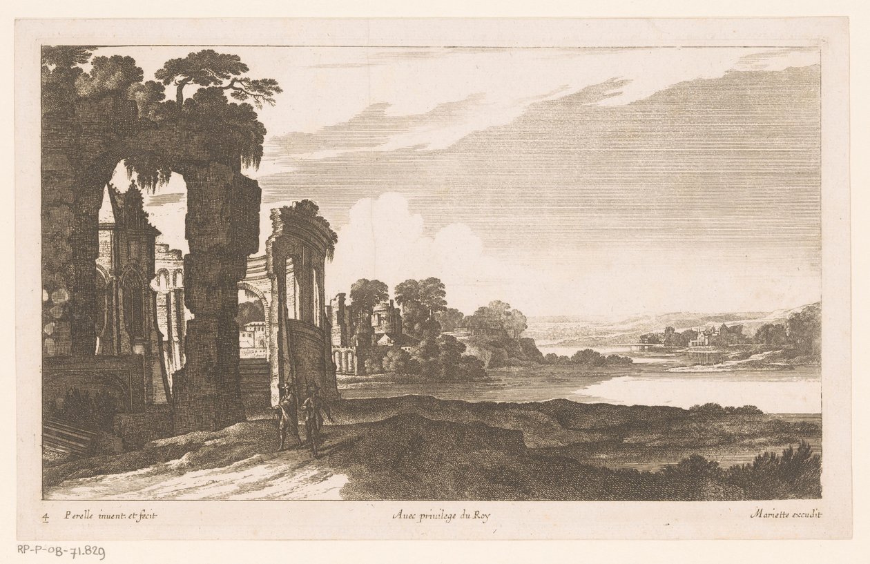 Rivierlandschap met begroeide ruïnes door Nicolas Perelle