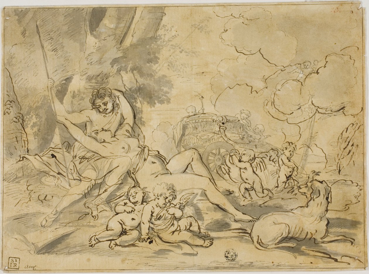 Figuren, wagen en hond door Nicolas Poussin
