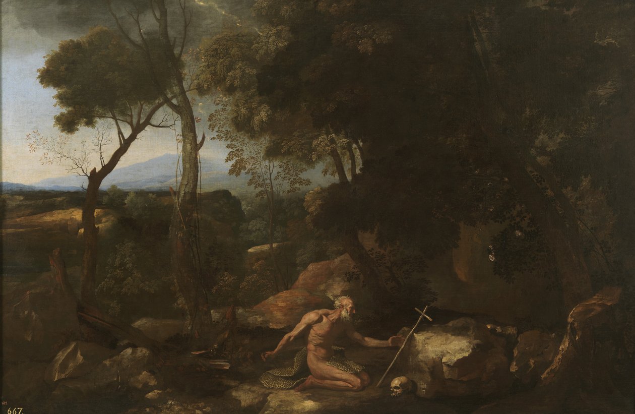 Landschap met Sint Paulus de Kluizenaar, 1638 door Nicolas Poussin