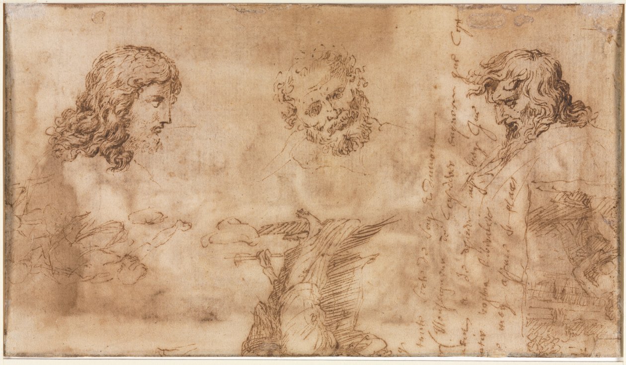 Drie Hoofden en Andere Schetsen (verso) door Nicolas Poussin