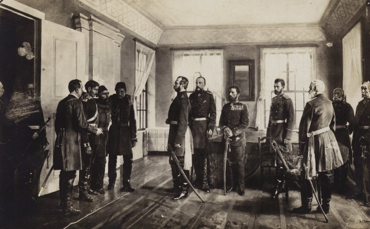 De gevangen Ottomaanse Generaal Osman Pasha gepresenteerd aan Tsaar Alexander II van Rusland na overgave bij het Beleg van Pleven, Russisch-Turkse Oorlog van 1877-1878 door Nikolai Dmitrievich Dmitriev Orenburgsky