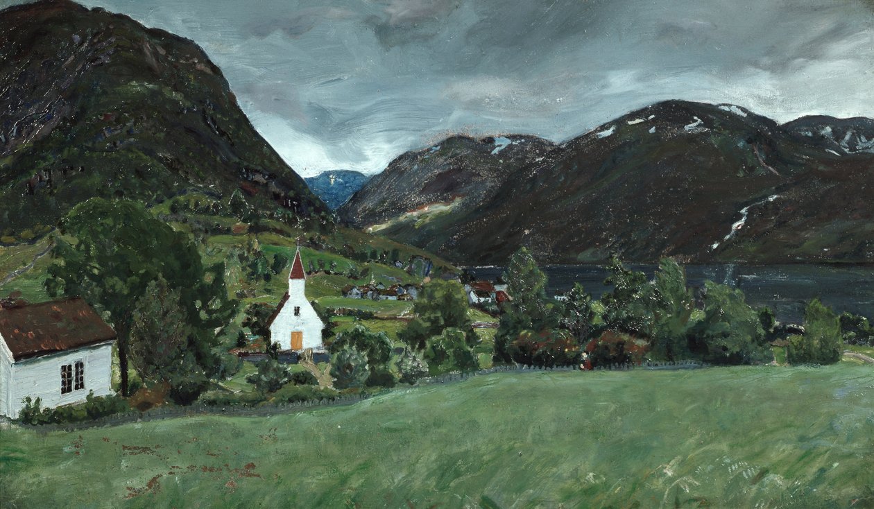 Alhus pastorie en kerk door Nikolai Astrup