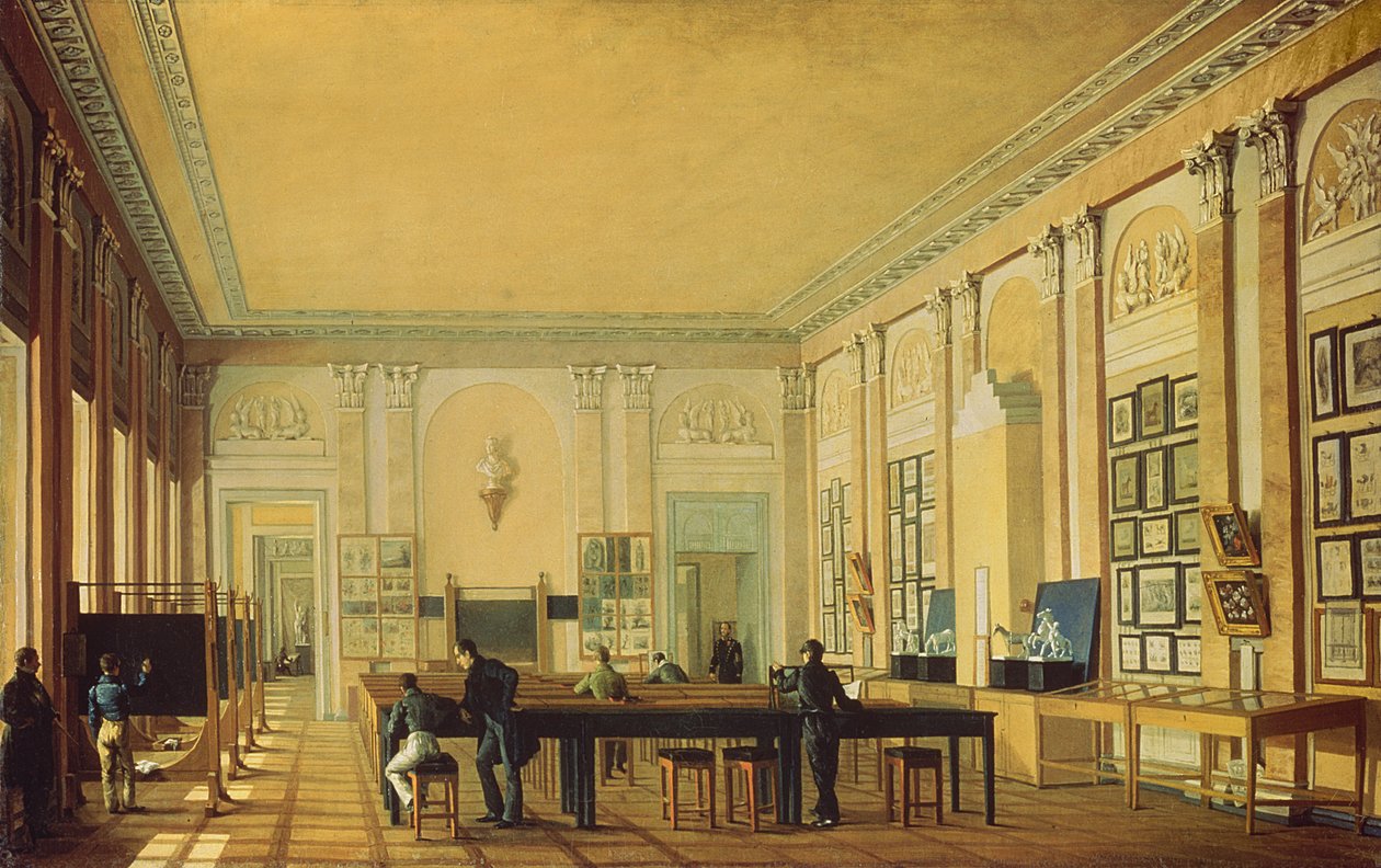 Schilderatelier in de Moskouse Kunstschool, c.1830 door Nikolay Ivanovich Podklyuchnikov