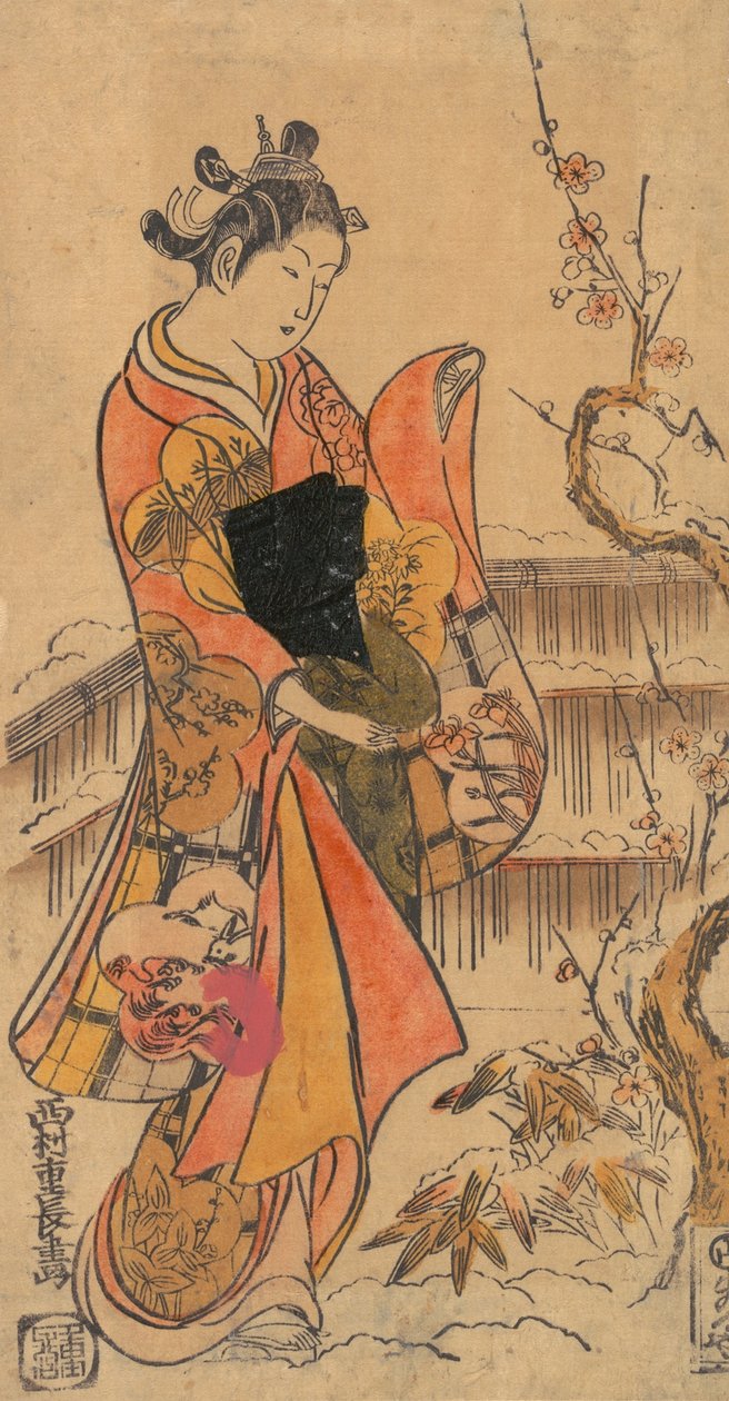 Een jonge dame in een tuin door Nishimura Shigenaga