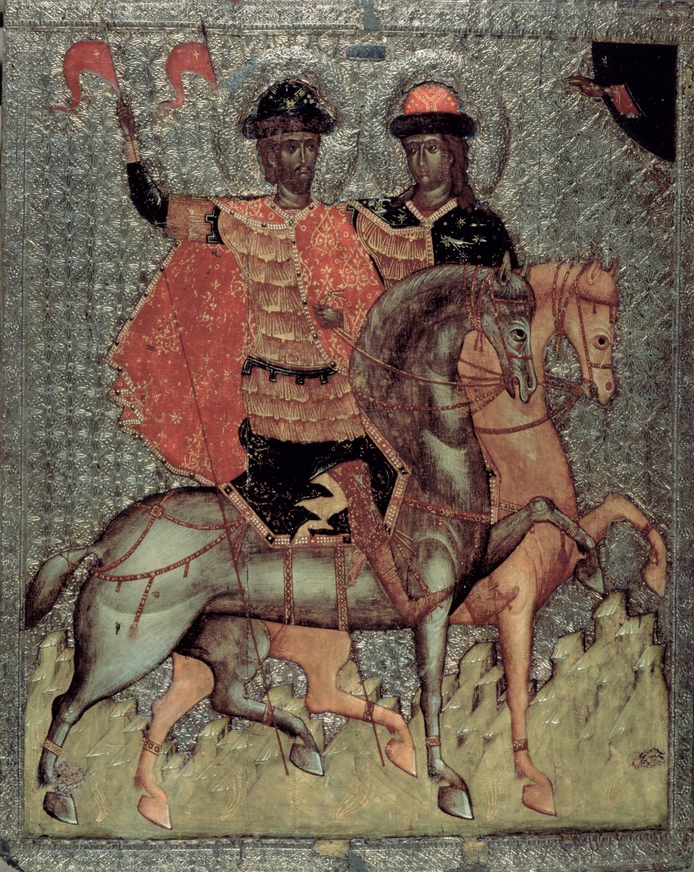 St. Boris en St. Gleb te paard, c.1377 door Novgorod School