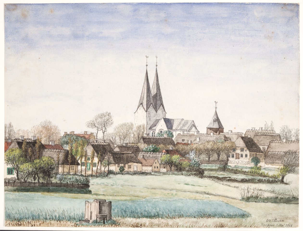 Dorp met kerk. Broager door O.D. Ottesen