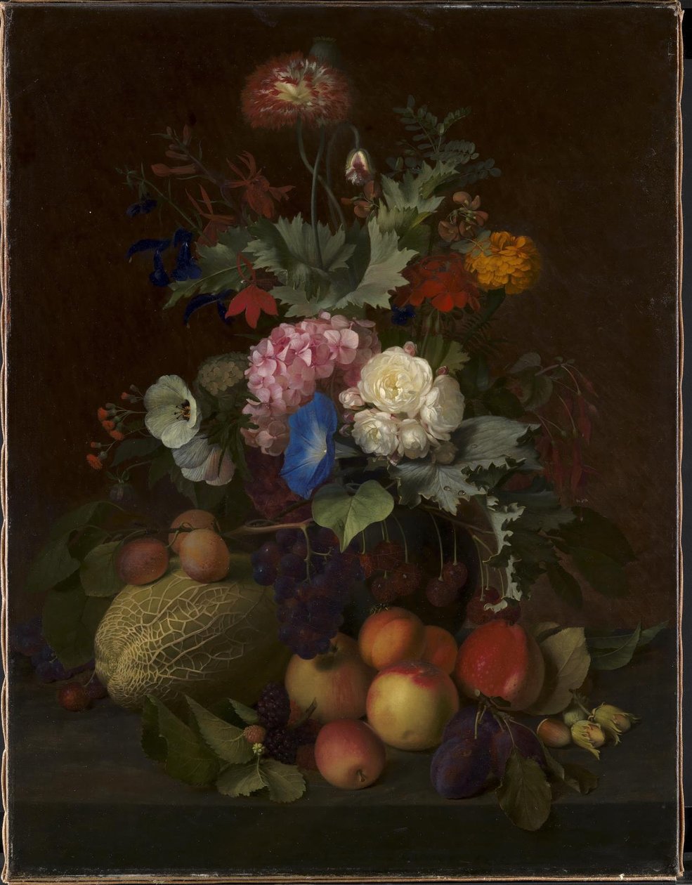 Stilleven met fruit en bloemen door O.D. Ottesen