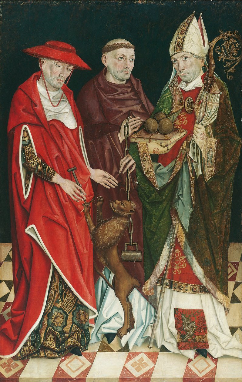 Hll. Hieronymus, Leonhard en Nikolaus door Oberösterreichischer Maler