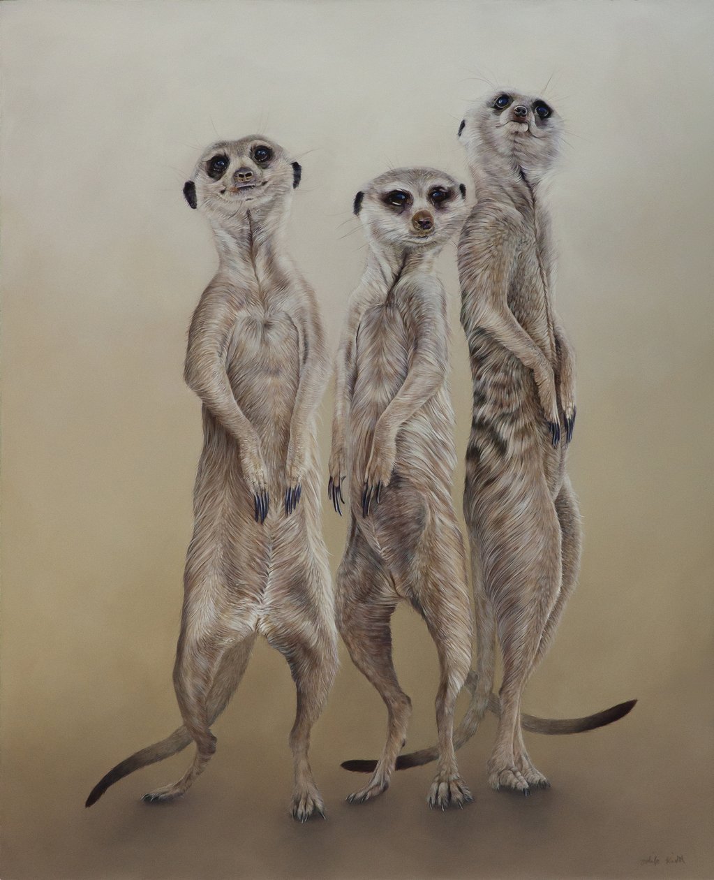 Stokstaartjes, 2014 (acryl op gegessuurd hout) door Odile Kidd