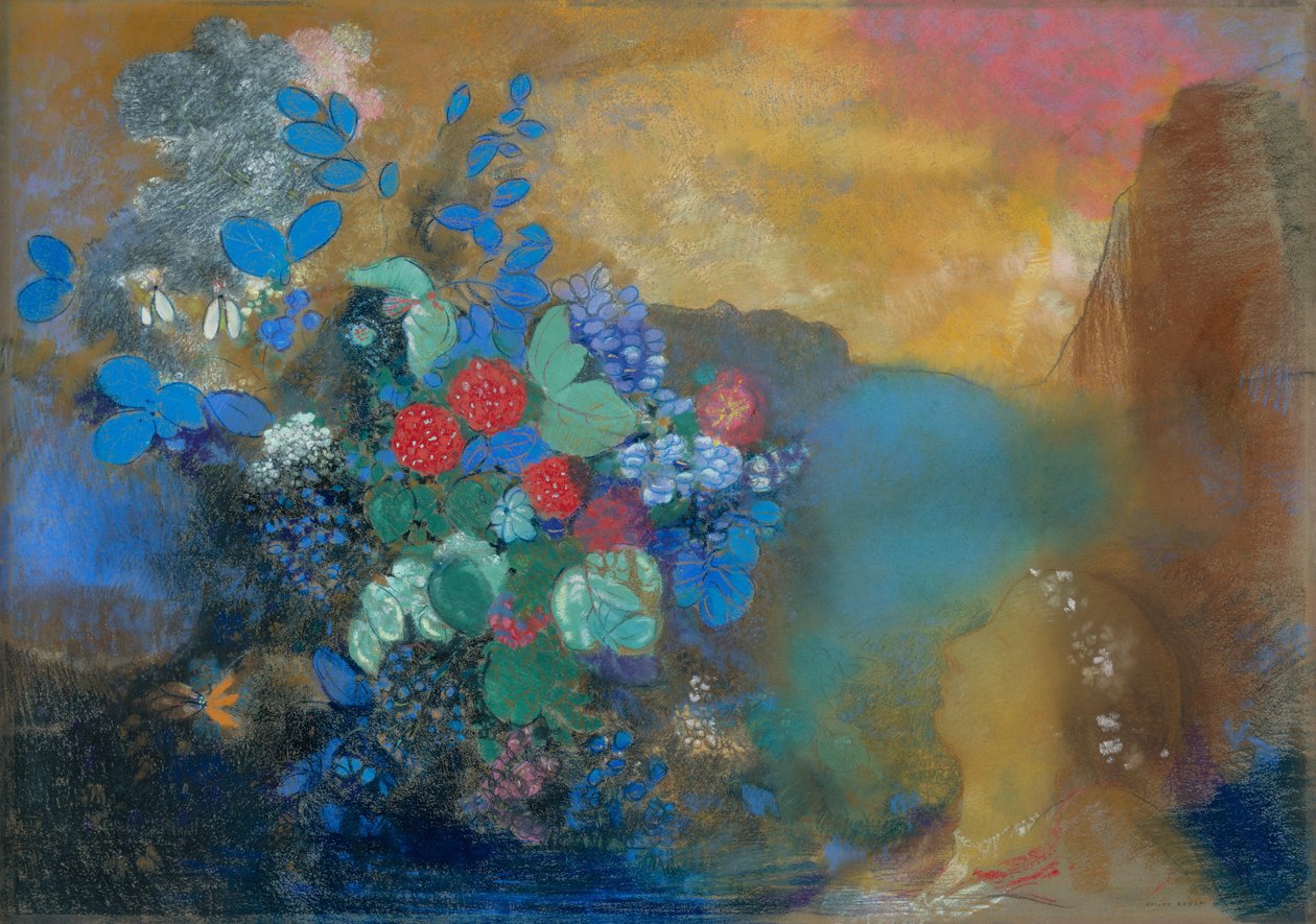 Ophelia tussen de bloemen door Odilon Redon