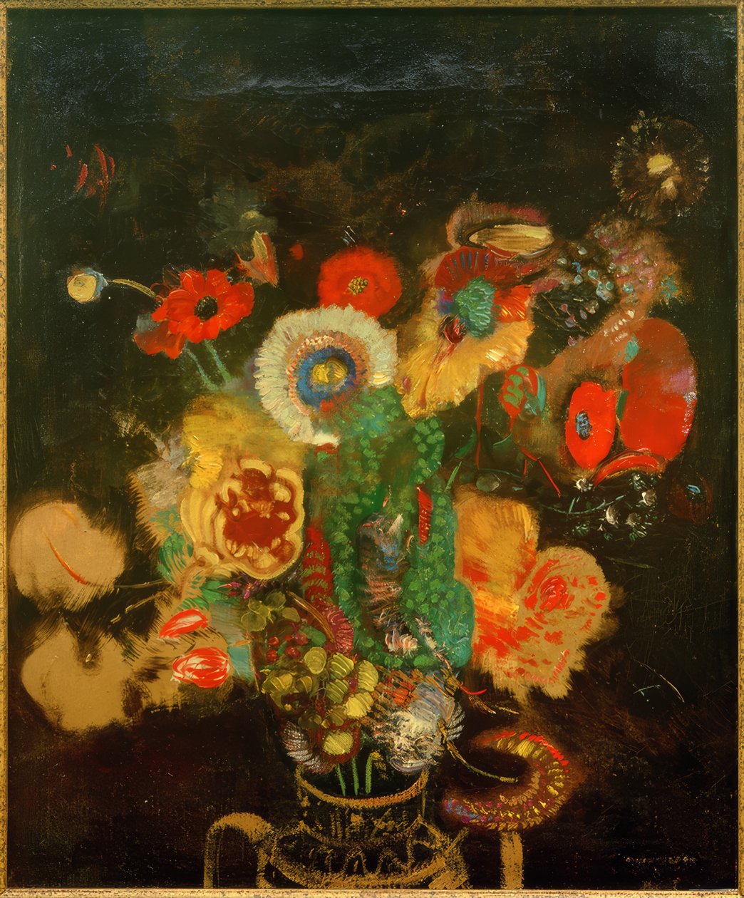 Boeket bloemen tegen zwarte achtergrond door Odilon Redon