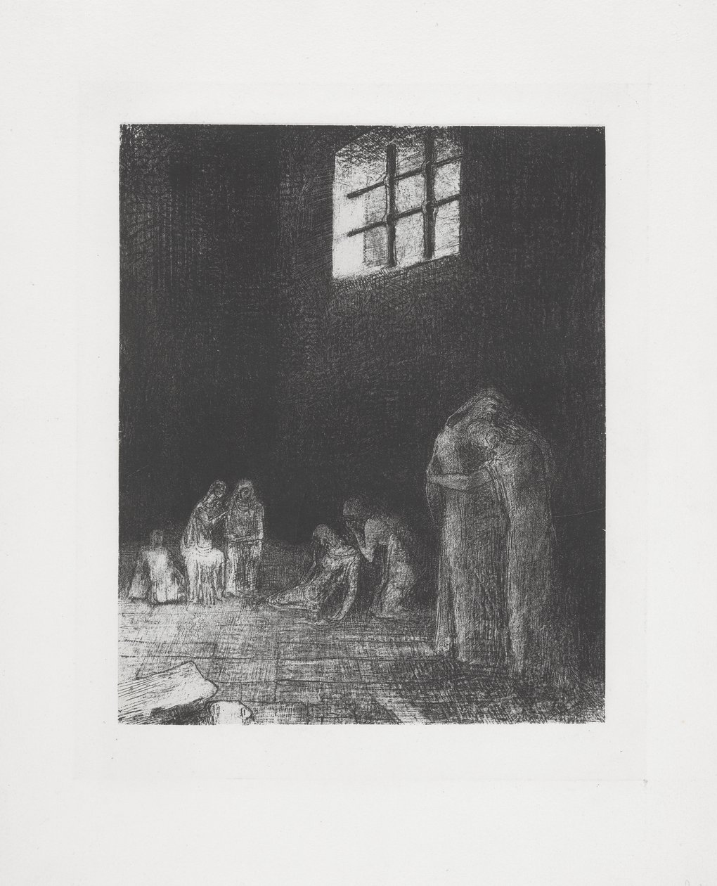 In de schaduw van mensen huilen en bidden... door Odilon Redon