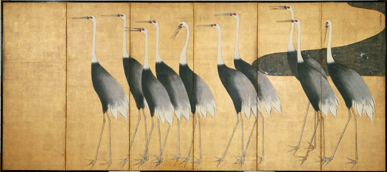 Zesdelig scherm met kraanvogels, Edo-periode door Ogata Korin