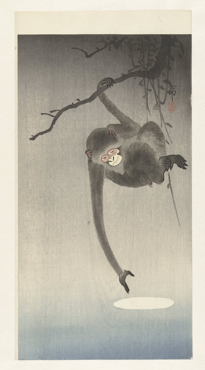 Aap en weerspiegeling van de maan door Ohara Koson