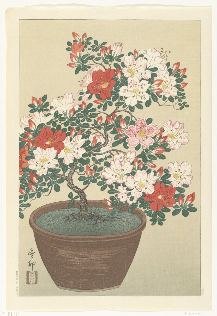 Bloeiende azalea in bruine pot door Ohara Koson