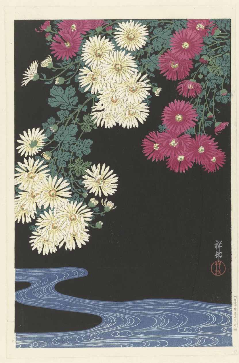 Chrysanten en stromend water door Ohara Koson