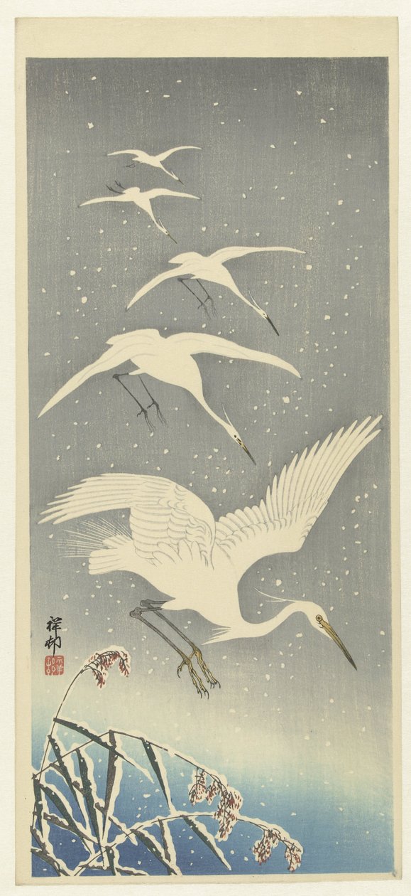 Dalende reigers in de sneeuw door Ohara Koson