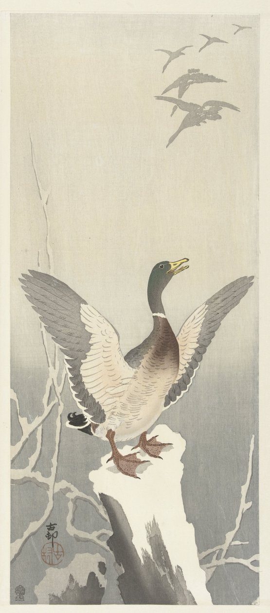 Eend op besneeuwde boomstronk door Ohara Koson