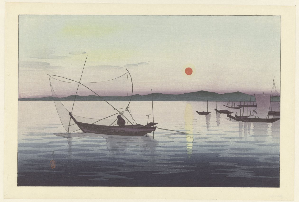 Vissersboten bij zonsondergang door Ohara Koson