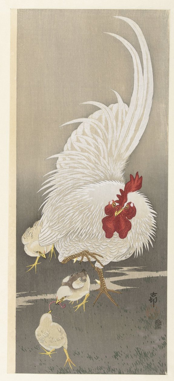 Haan en drie kuikens door Ohara Koson