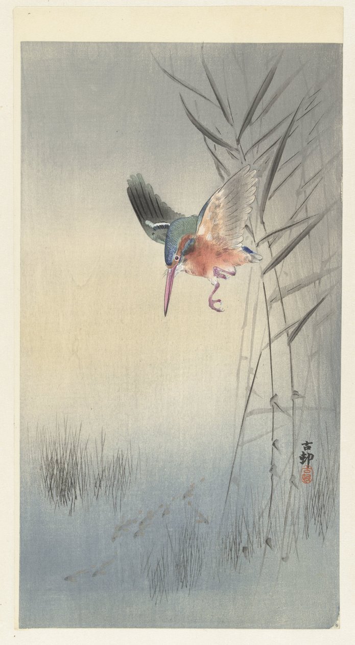 IJsvogel jagend op vis door Ohara Koson