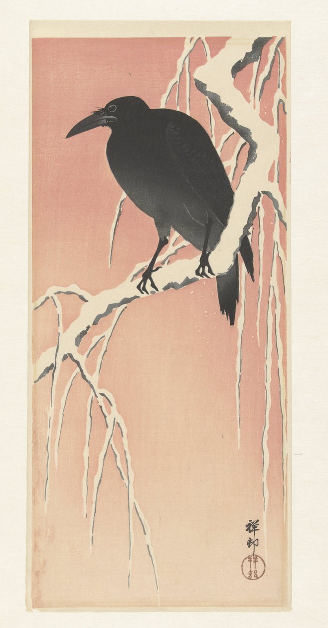 Kraai op besneeuwde tak door Ohara Koson