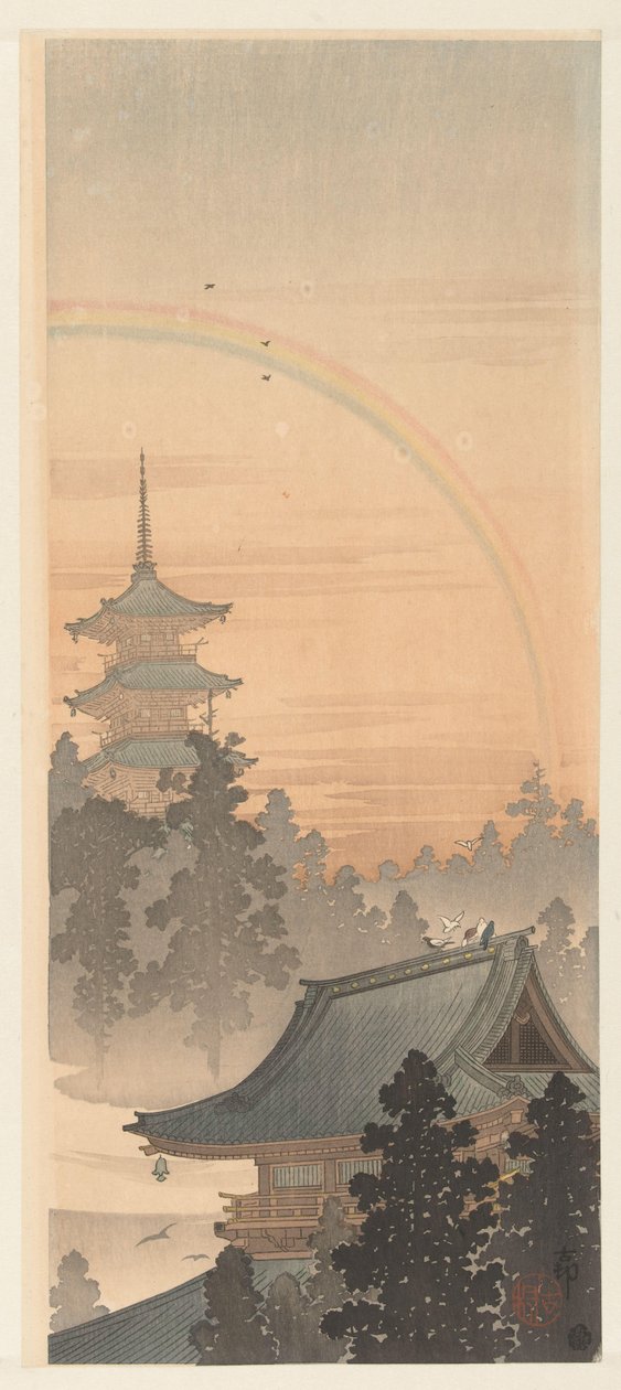 Pagode en regenboog door Ohara Koson