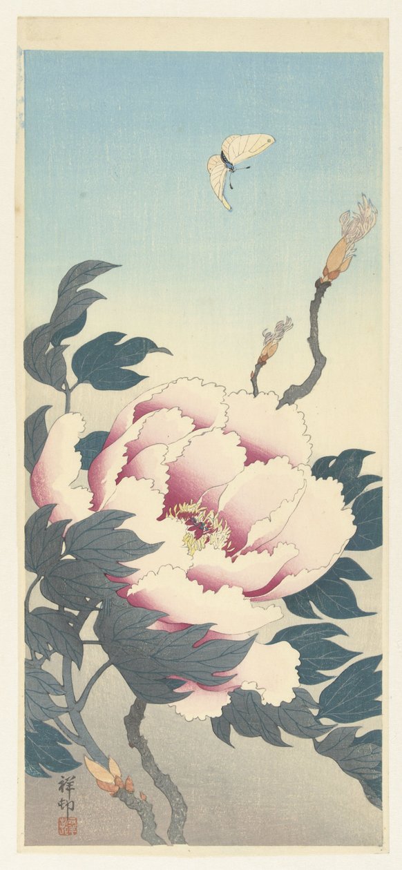 Pioenroos en een vlinder door Ohara Koson