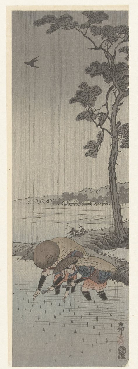 Rijstplanters in de regen door Ohara Koson