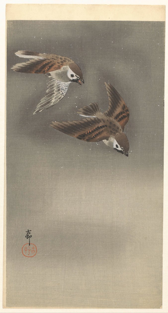 Ringmussen in sneeuw door Ohara Koson