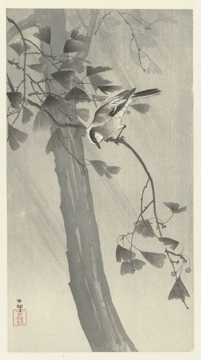 Staartmees in storm door Ohara Koson