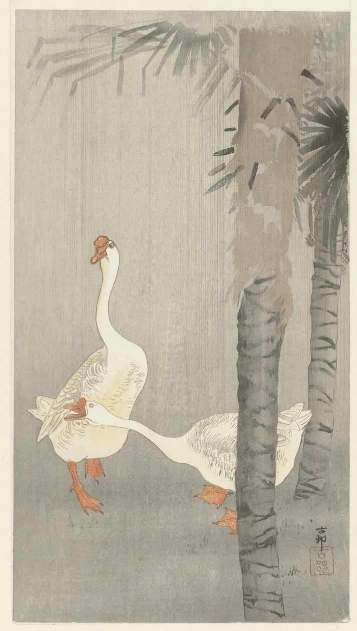 Tamme ganzen in regen door Ohara Koson