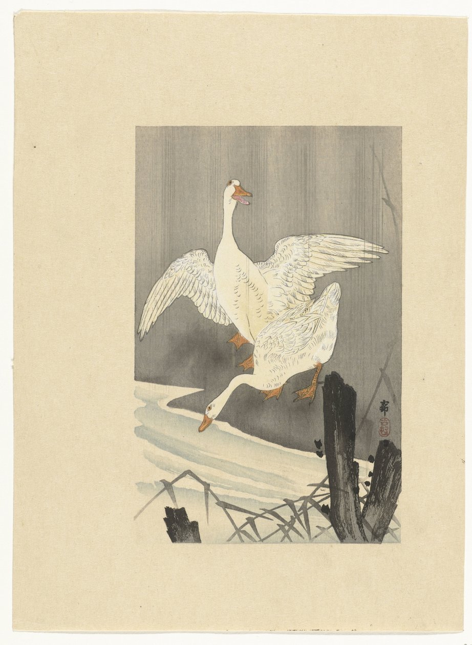 Twee ganzen aan een rivier door Ohara Koson