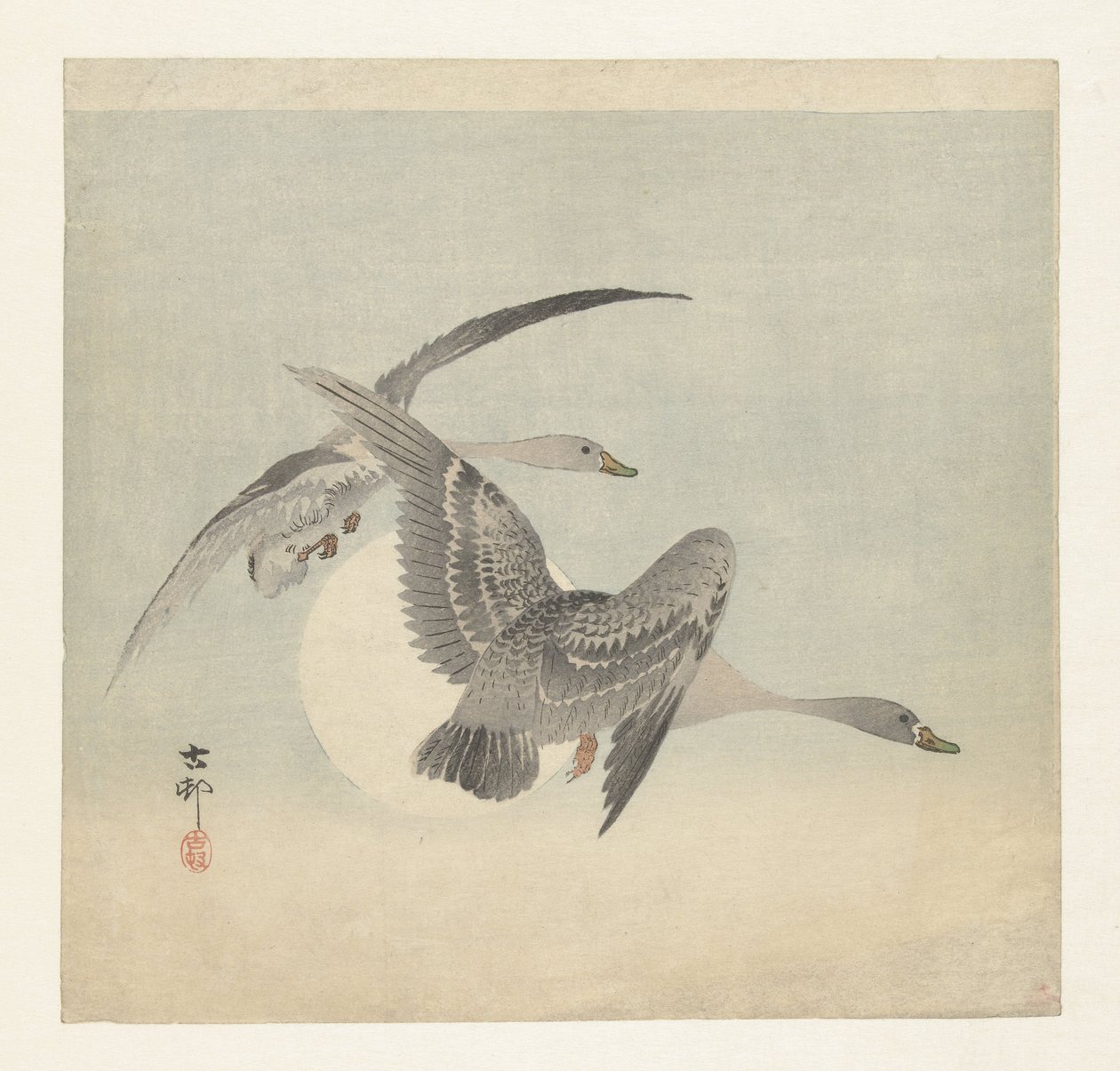 Twee kolganzen in vlucht door Ohara Koson