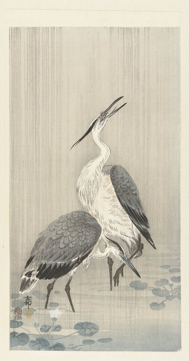 Twee reigers in de regen door Ohara Koson