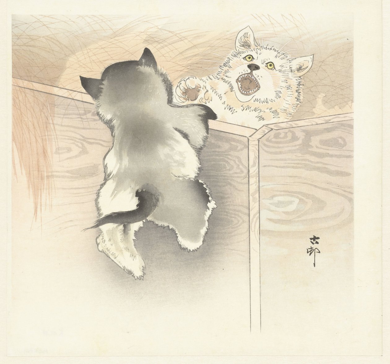 Twee spelende hondjes door Ohara Koson