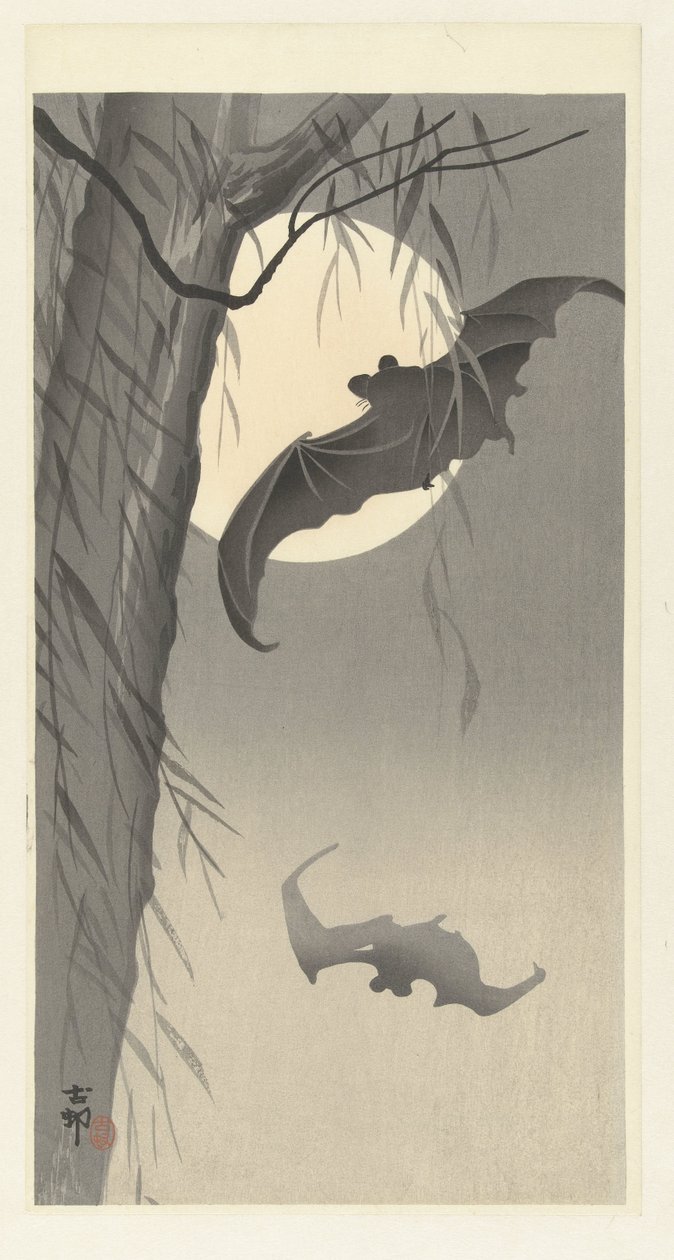 Twee vleermuizen bij volle maan door Ohara Koson