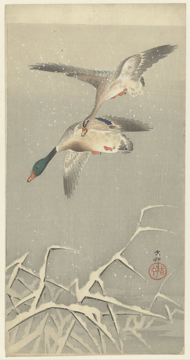 Twee wilde eenden in vlucht door Ohara Koson