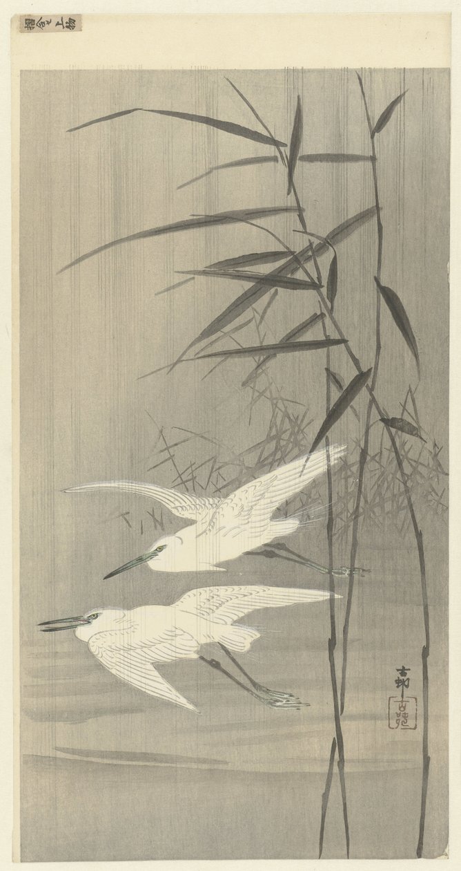 Twee zilverreigers in vlucht door Ohara Koson