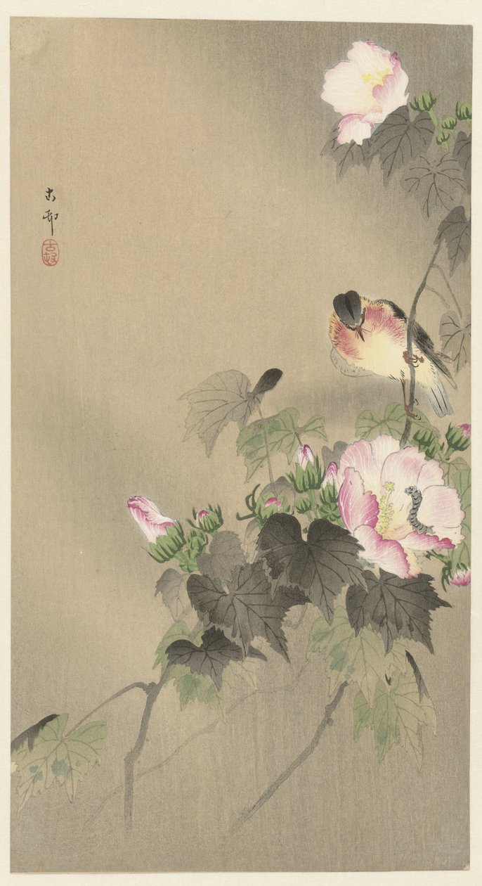 Vogel en rups door Ohara Koson