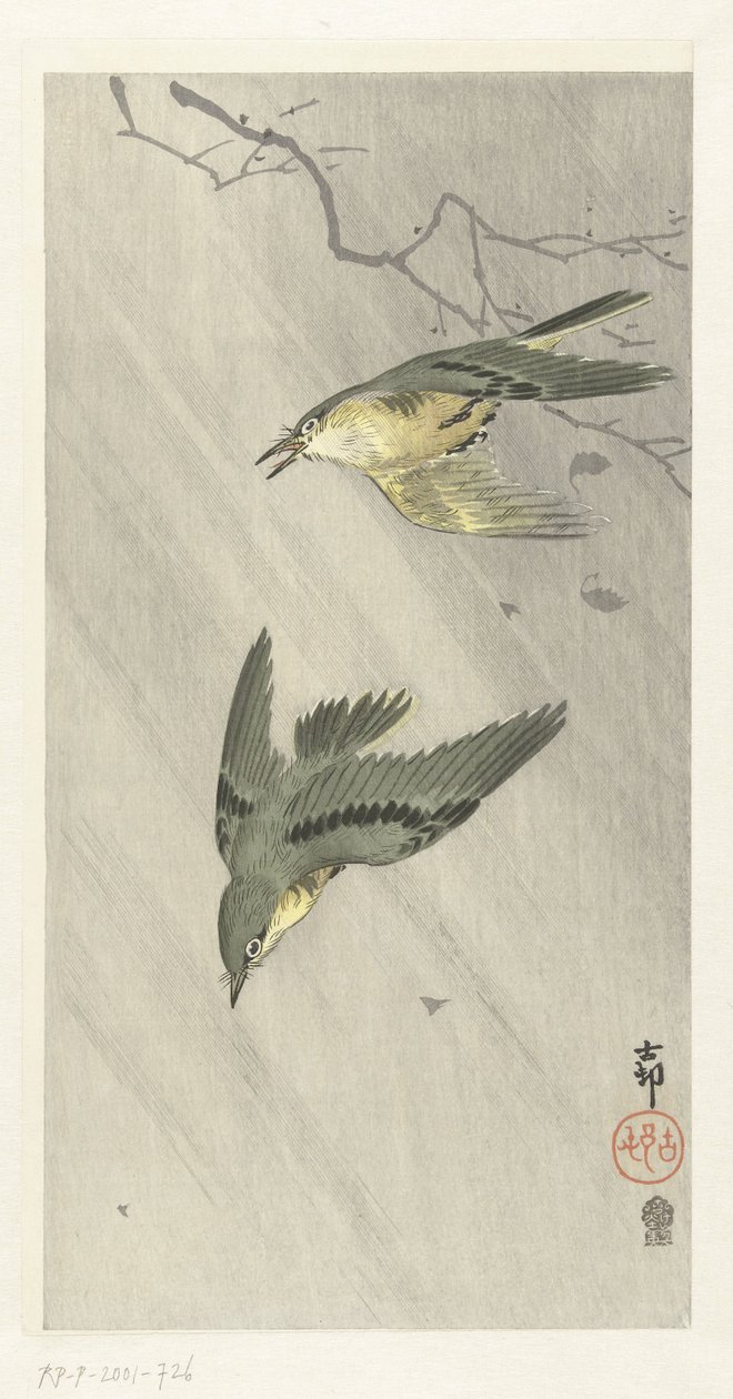 Zangvogels in regen door Ohara Koson