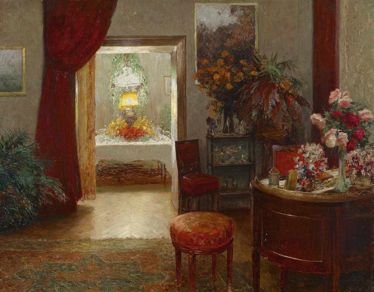 Interieur met uitzicht op een feestelijk gedekte tafel door Olga Wisinger Florian