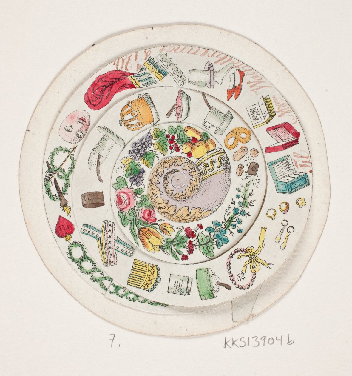Draaischijf met diverse kleine dingen getekend door Oluf Olufsen Bagge